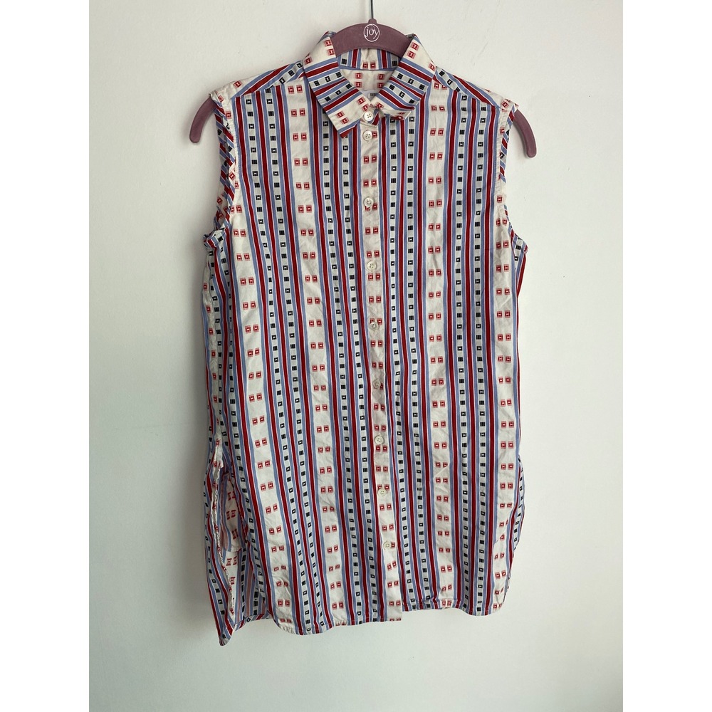Carven Paris‎ Women Sleeveless Button Down Shirt Stripe Geometric Blue Red 36 M